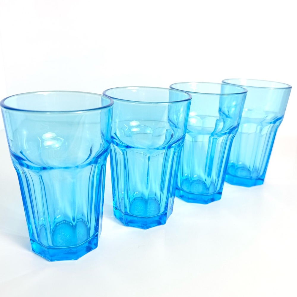 VTG IKEA Tumbler Drinking Glasses 12oz BRIGHT BLUE 9 Panel Tall 5.25” Set of 4